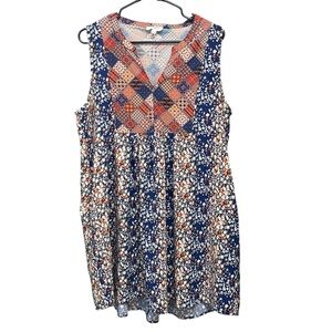 Umgee Navy and Orange Floral Patchwork Mini Dress Women’s Size Large